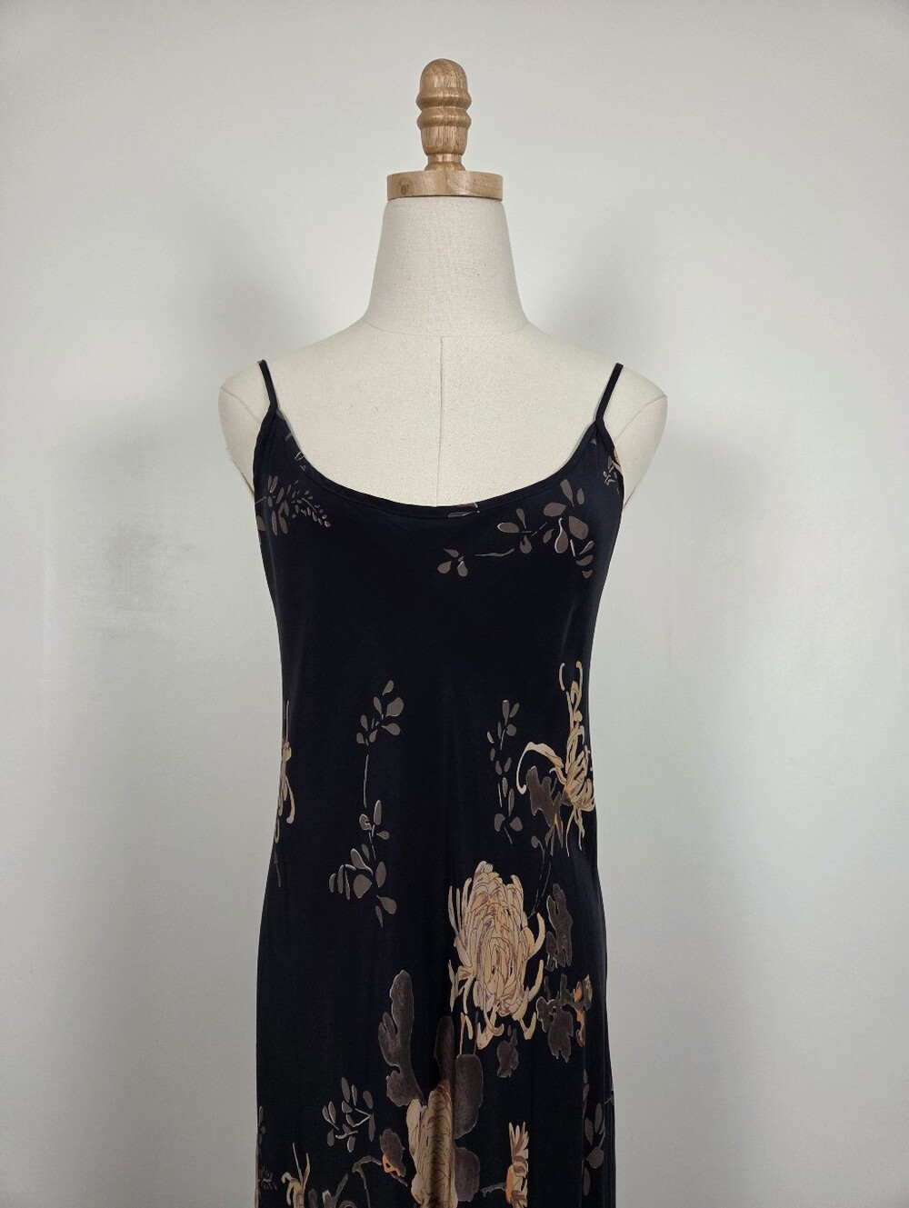Silk Floral Maxi Dress Size Small Black Tan Lightweight Formal (u) - Picture 2 of 13